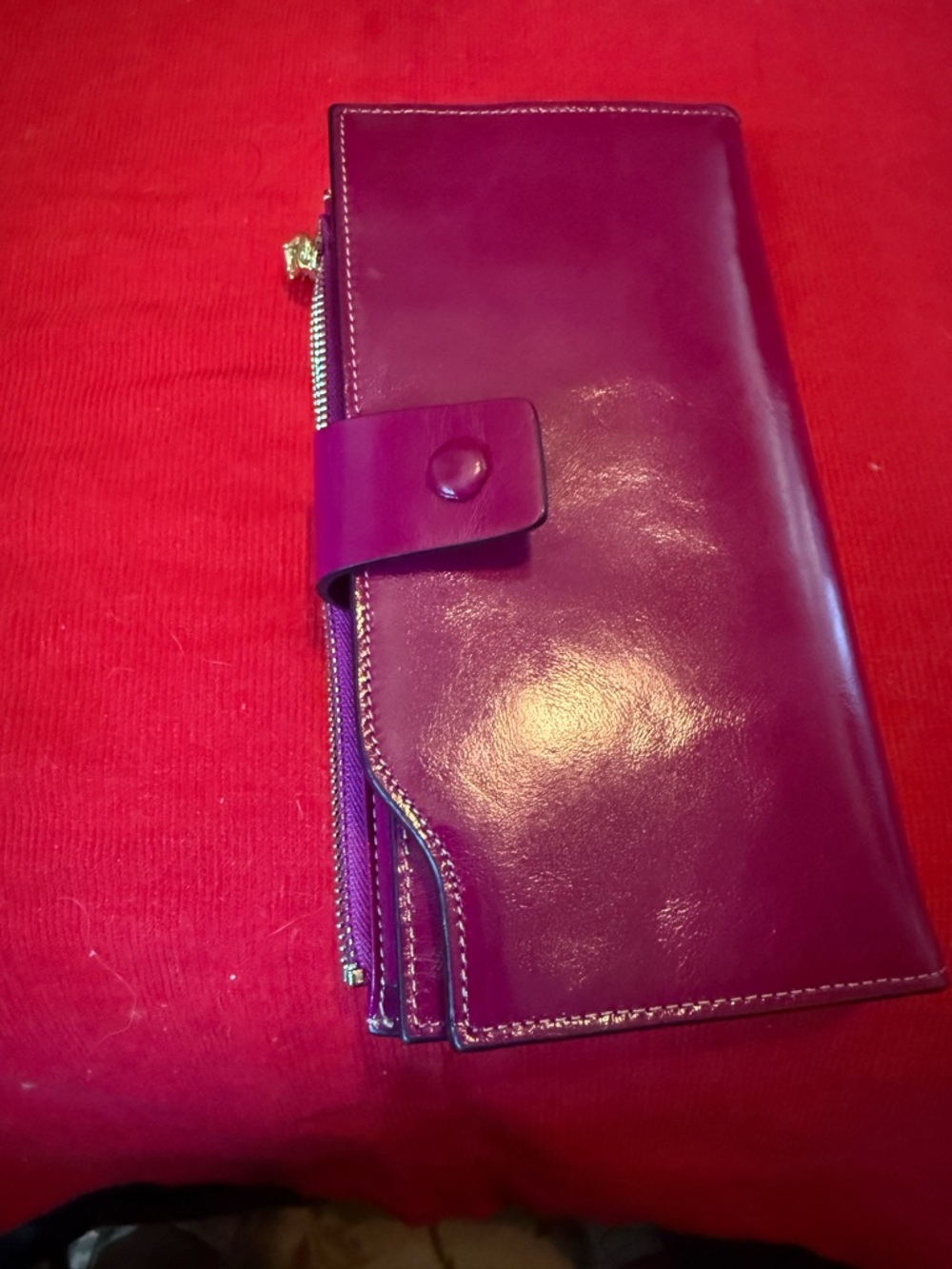 Women's Purple Leather Wallet Clutch - Stylish Zip & Snap Closure
